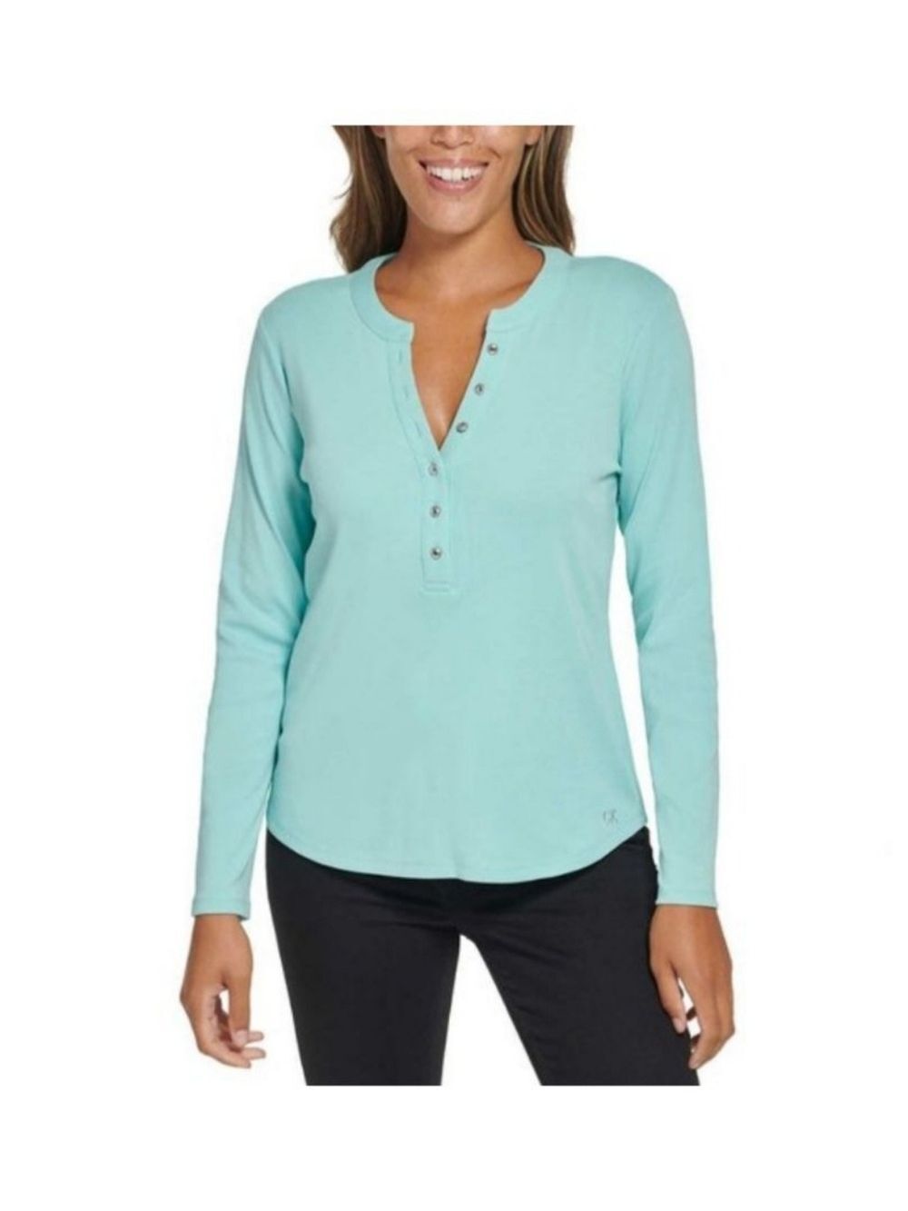 Calvin Klein Women's Henley Long Sleeve Top Aqua Teal Button up T-Shirt